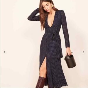 Reformation Hailey Navy Blue White Polka Dot V Neck Long Sleeve Midi Dress Large